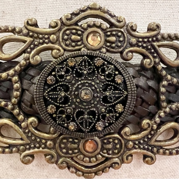 Chicos Belt Womens Medium Large Brown Braided Leather Antiqued Bronze Metal Boho - Picture 3 of 16